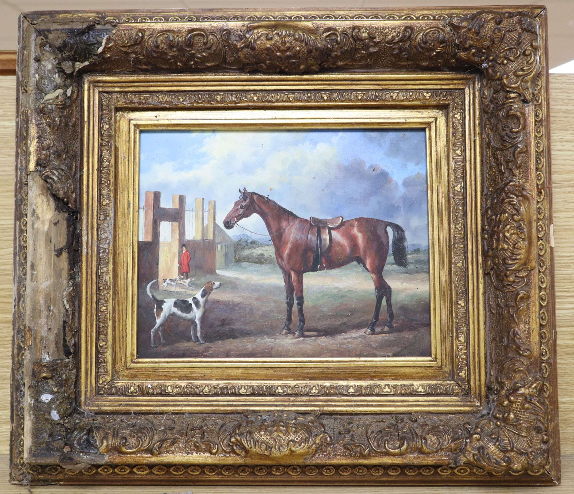 A modern oil on board, Horse and hounds near a stables, 19 x 24cm